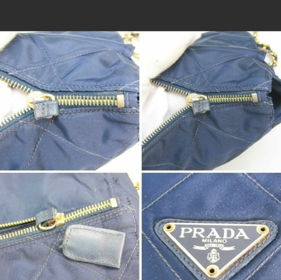 PRADA Gold Chain Bag Shoulder Bag 100% Authentic Navy Blue Crossbody Bag Tote - Picture 10 of 16